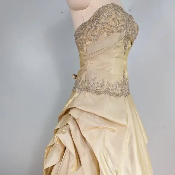 Princess Prom Dress Maxi Ball Gown 10 Yellow Fairy Y2K Beaded Glam Belle Lace